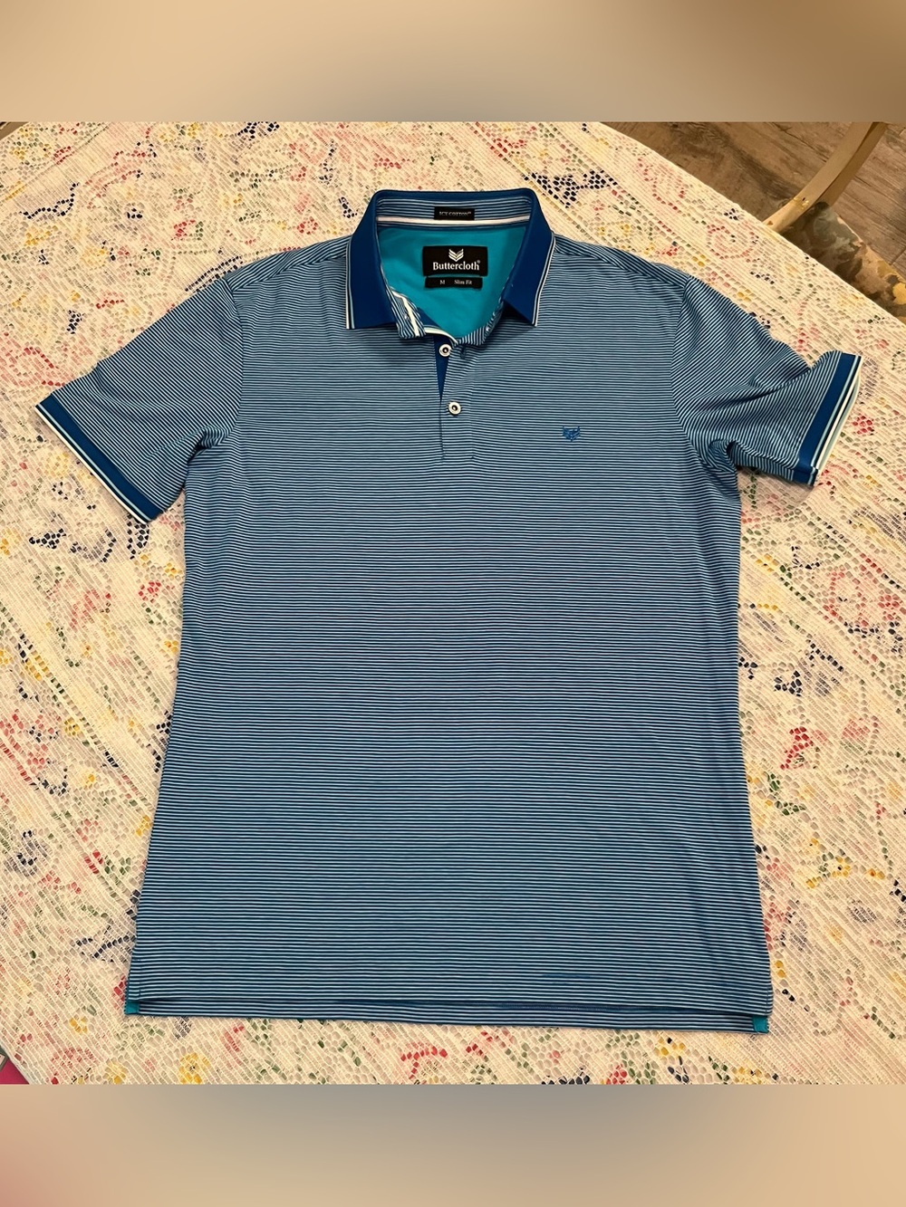 Buttercloth Men's Light Blue Microstripe Polo with Contrast Collar